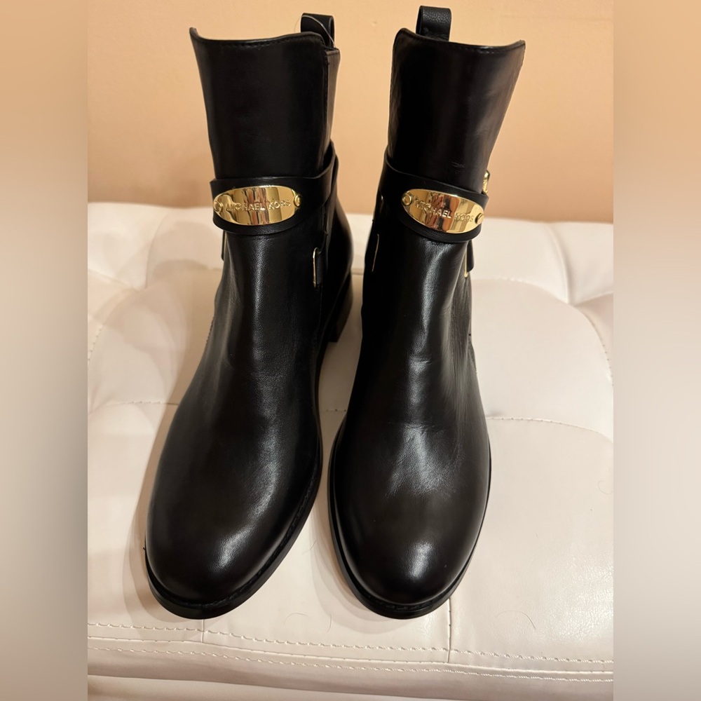Michael Kors Black Leather Boots with Gold Accents.